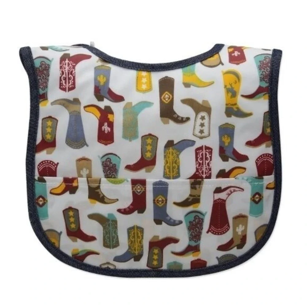 Mud Pie Baby toddler Laminated Pocket Bib cowboy boots novelty print western